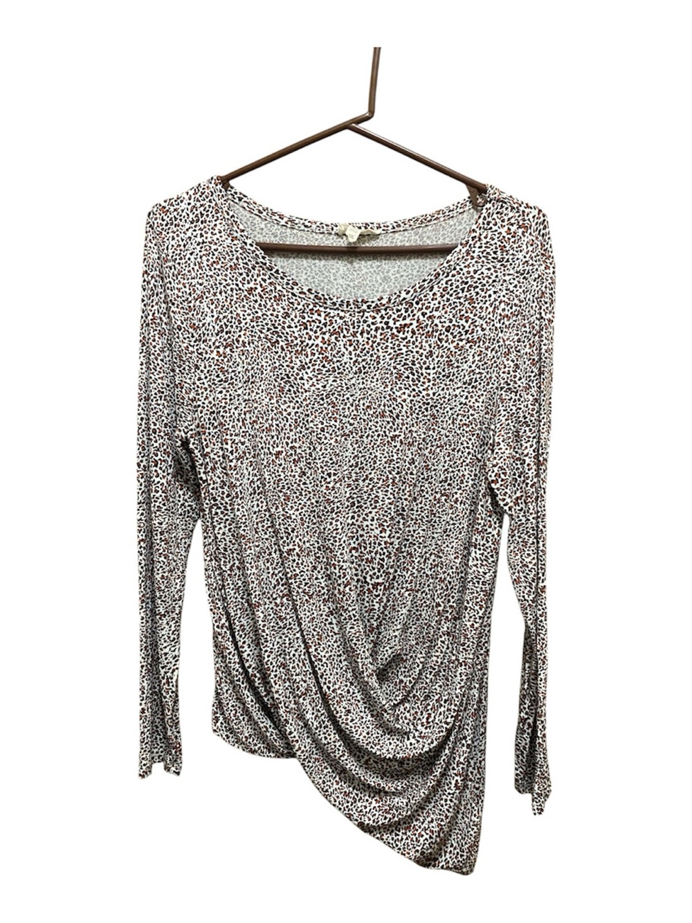 Asymmetric Long-Sleeve Animal Print Top in White & Brown size large